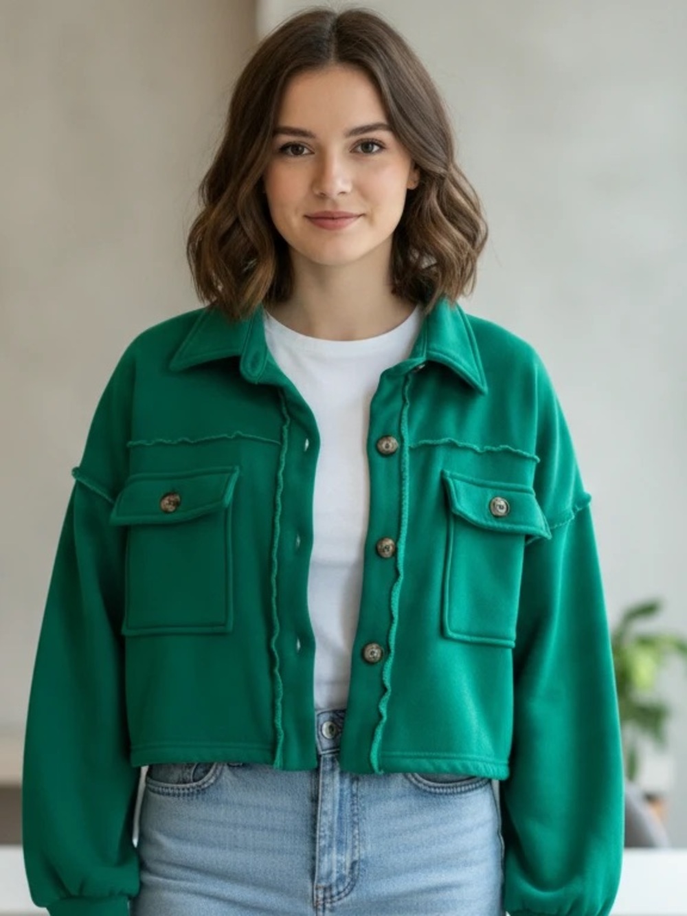 Mainstrip Women’s Cropped, Oversized, Green Shacket, Size Medium